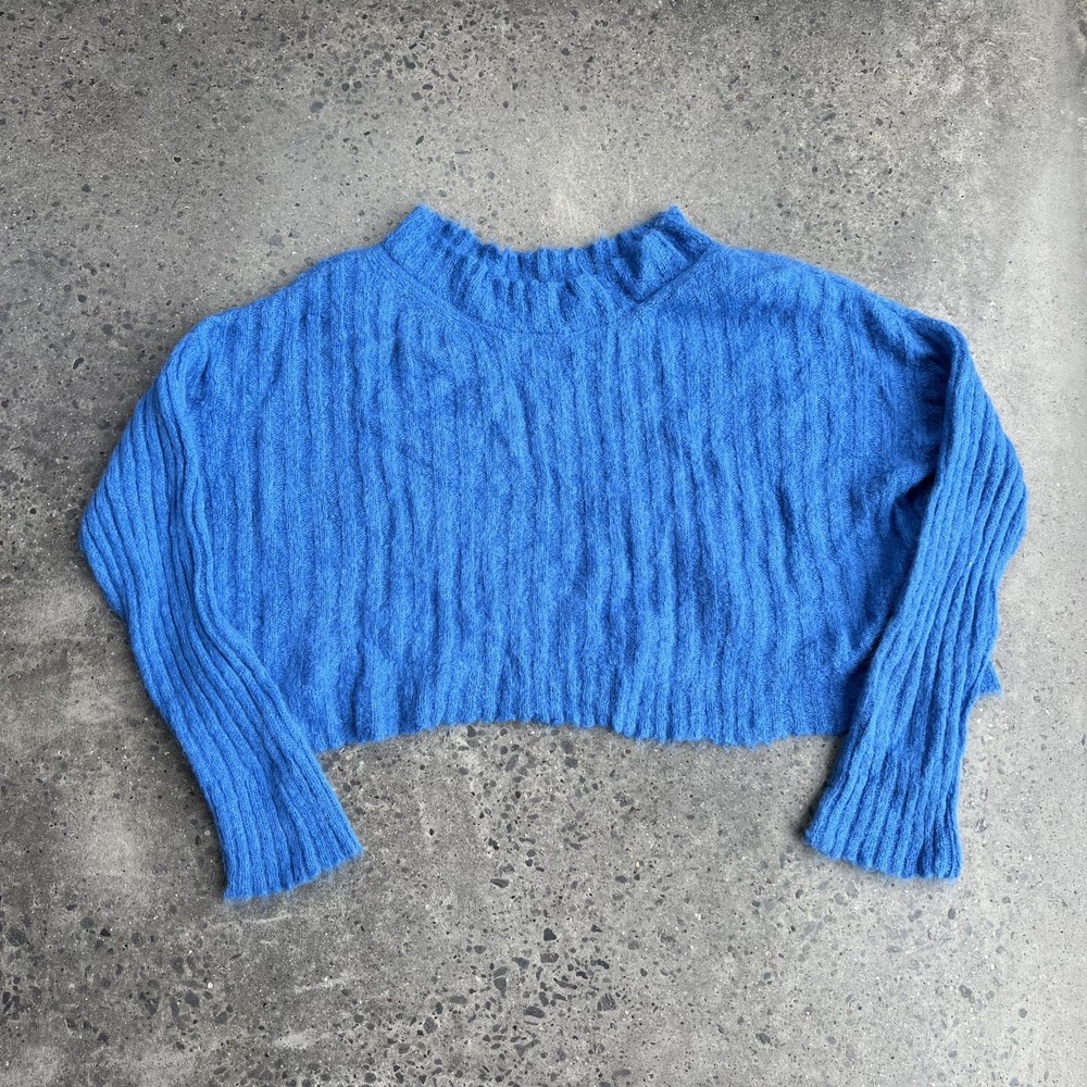Free People Sweater Womens XS Blue Alpaca Blend Mock Neck Cropped Fuzzy Knit